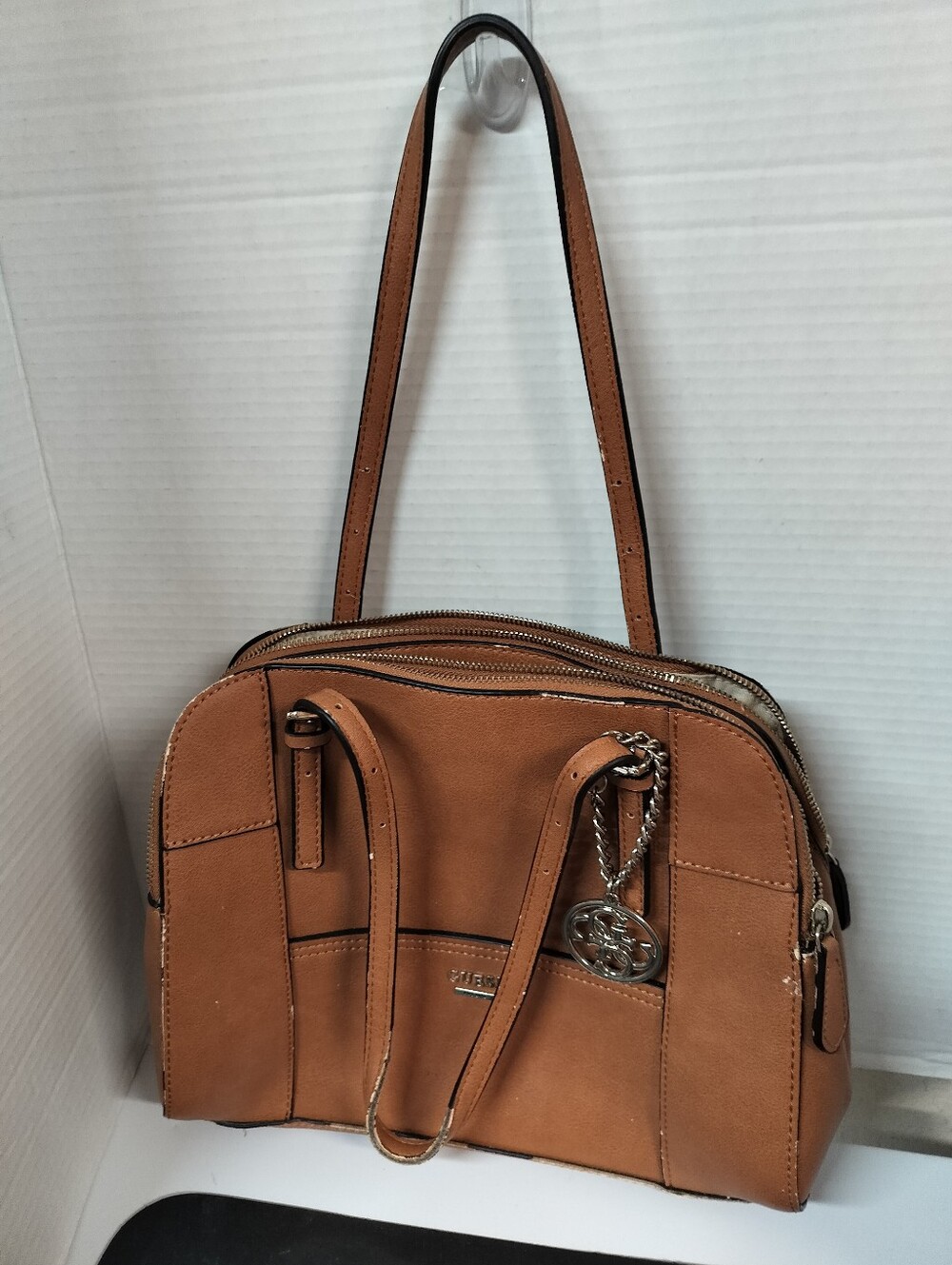 GUESS Women's Medium Brown Shoulder Bag Zip & Snap Closure Charm Inner Pockets